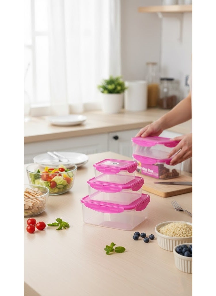 طقم علب تخزين طعام بلاستيك مستطيلة 4 أحجام مختلفة - حافظات ثلاجة وتنظيم مطبخ شفافة بغطاء وردي - تصميم متداخل موفر للمساحة (Preserving Box) - Image 2